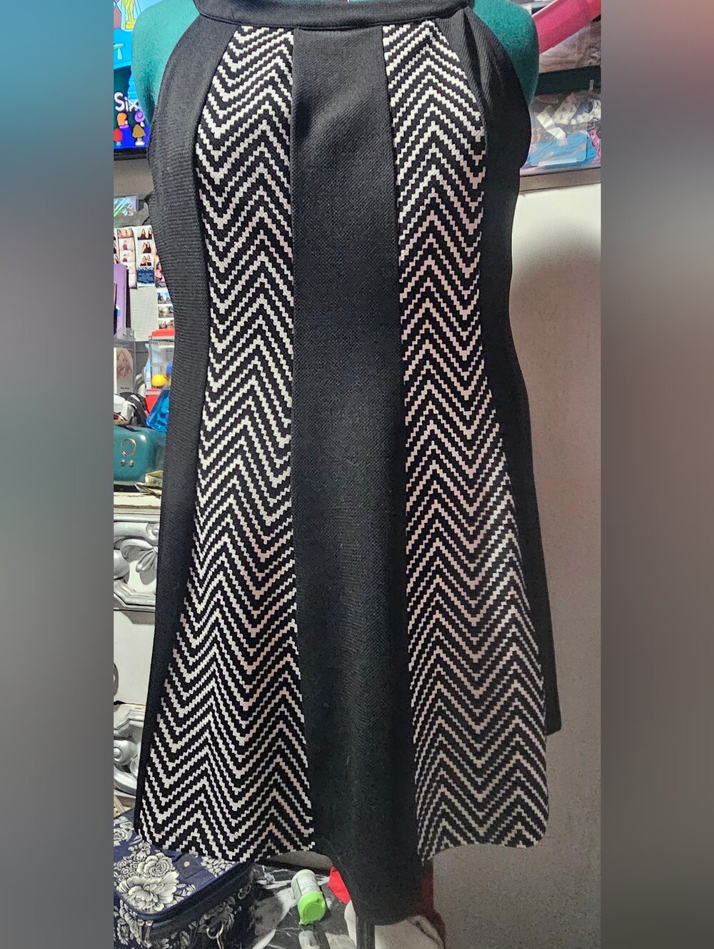 Enfocus Studio Black and White Chevron Panel A-Line Dress